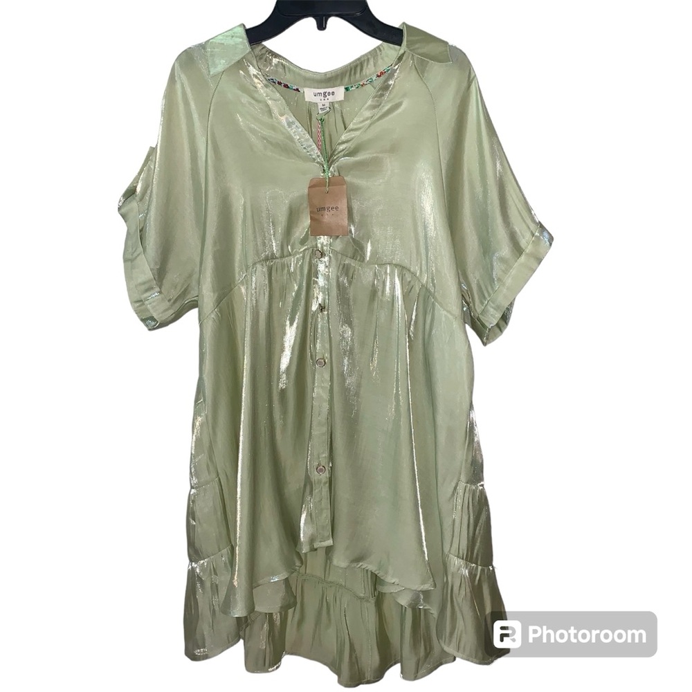 Umgee Satin Sheen Tiered Spring Tunic / Dress Button Up Pastel Green Medium